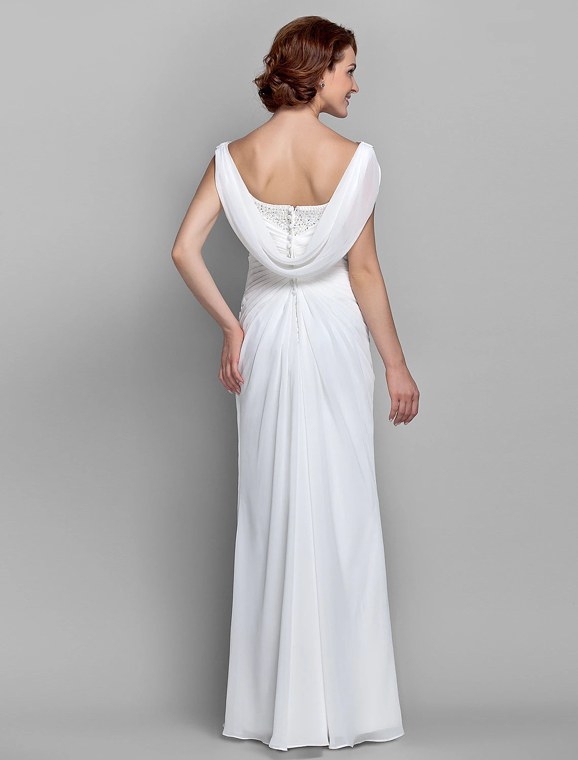 Luolandi Sheath / Column Mother of the Bride Dress Fall Wedding Guest Dresses Vintage Inspired Cowl Neck Floor Length Chiffon Sleeveless with Buttons Criss Cross