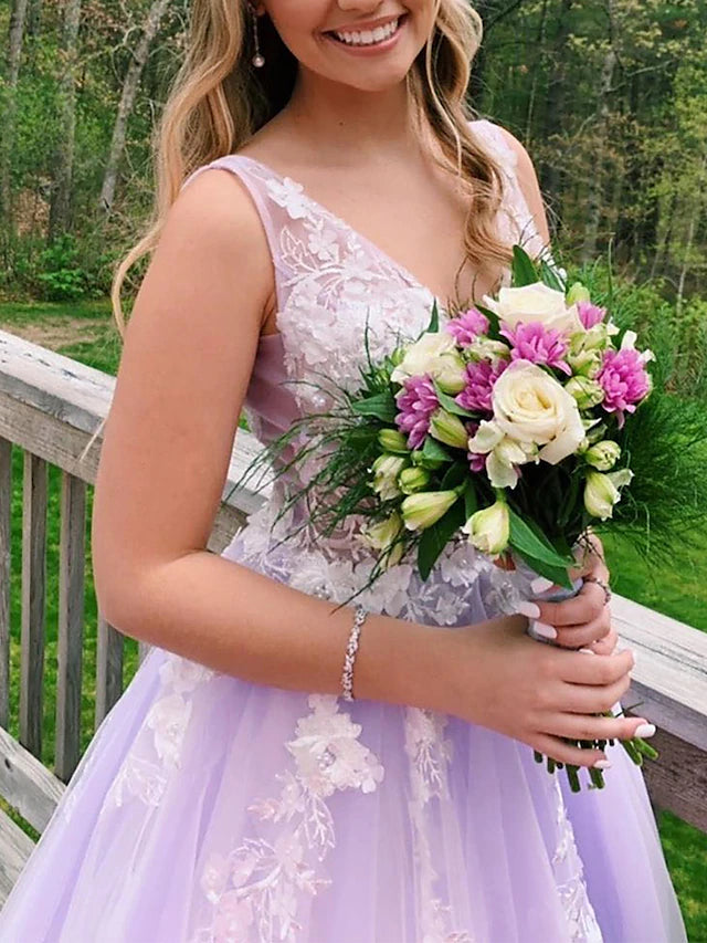 Luolandi Ball Gown A-Line Prom Dresses Color Block Dress Formal Floor Length Sleeveless V Neck Tulle Backless V Back with Beading