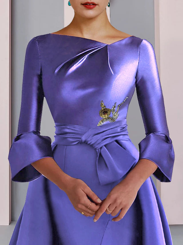 Luolandi A-Line Mother of the Bride Dress Formal Party Elegant Scoop Neck Floor Length Satin 3/4 Length Sleeve