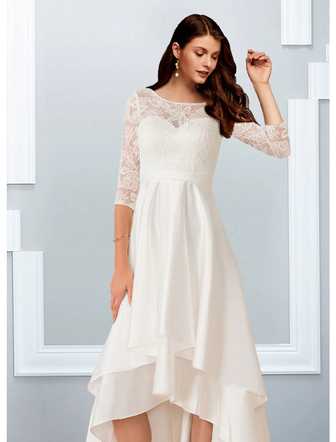 Luolandi Reception Little Dresses Wedding Dresses A-Line Illusion Neck Half Sleeve Asymmetrical Chiffon Bridal Gowns With Cascading