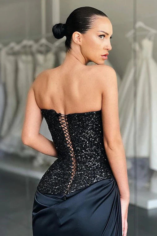 Luolandi Unique Black Special Strapless High Split Lace Up Sequined Prom Dress Sexy Evening Dress