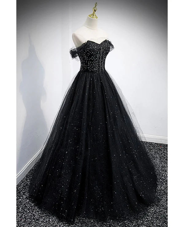 Luolandi Unique sparkling black off shoulder shoulder strap sheer mesh ball dress A-shaped backless strap sheer and floor length evening dress