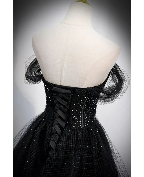 Luolandi Unique sparkling black off shoulder shoulder strap sheer mesh ball dress A-shaped backless strap sheer and floor length evening dress