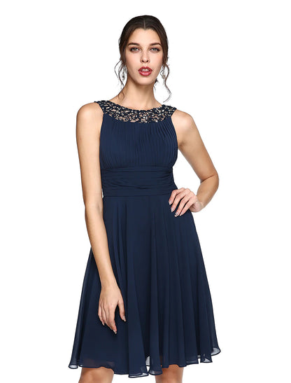 A-Line Cocktail Dresses Party Dress Wedding Guest Cocktail Party Knee Length Sleeveless Illusion Neck Chiffon with Ruched Sequin Lace