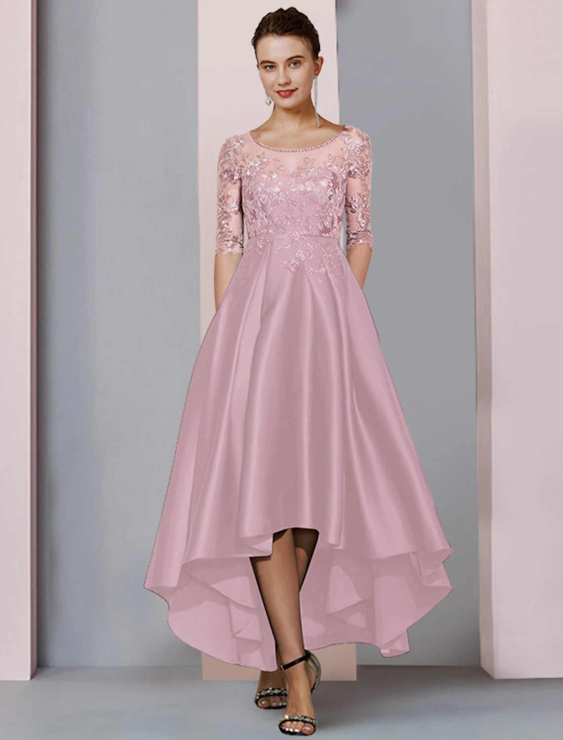 Luolandi A-Line Mother of the Bride Dress Formal Wedding Guest Party Elegant High Low Scoop Neck Asymmetrical Tea Length Satin Lace Half Sleeve with Pleats Beading