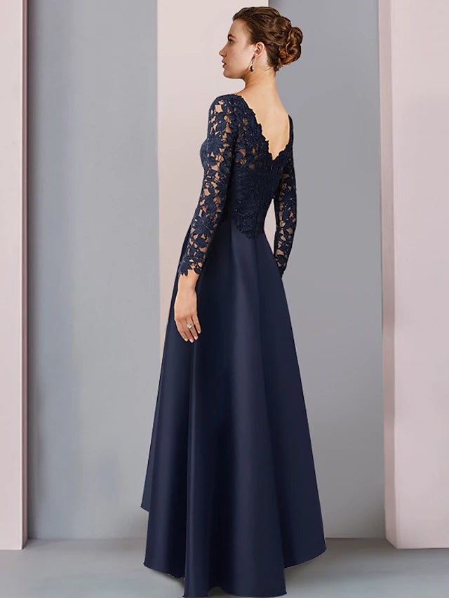 Luolandi A-Line Mother of the Bride Dress Formal Wedding Guest Elegant High Low V Neck Asymmetrical Tea Length Satin Lace Long Sleeve with Pleats