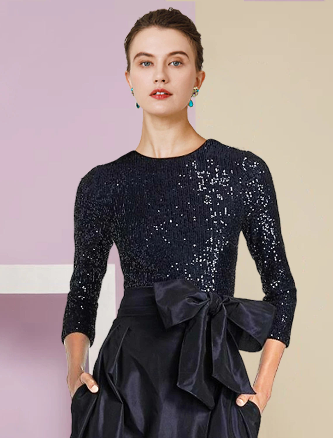 Luolandi Two Piece Sheath / Column Mother of the Bride Dress Formal Wedding Guest Sparkle & Shine Elegant Scoop Neck Floor Length Detachable Taffeta Sequined 3/4 Length Sleeve