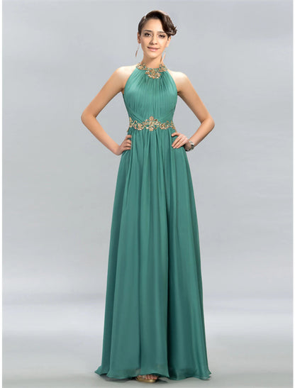 A-Line Wedding Guest Dresses Maxi Dress Party Wear Wedding Party Floor Length Sleeveless Halter Neck Chiffon with Ruched