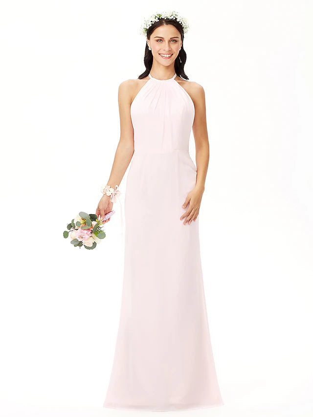 Luolandi Sheath / Column Bridesmaid Dress Jewel Neck Sleeveless Elegant Floor Length Chiffon