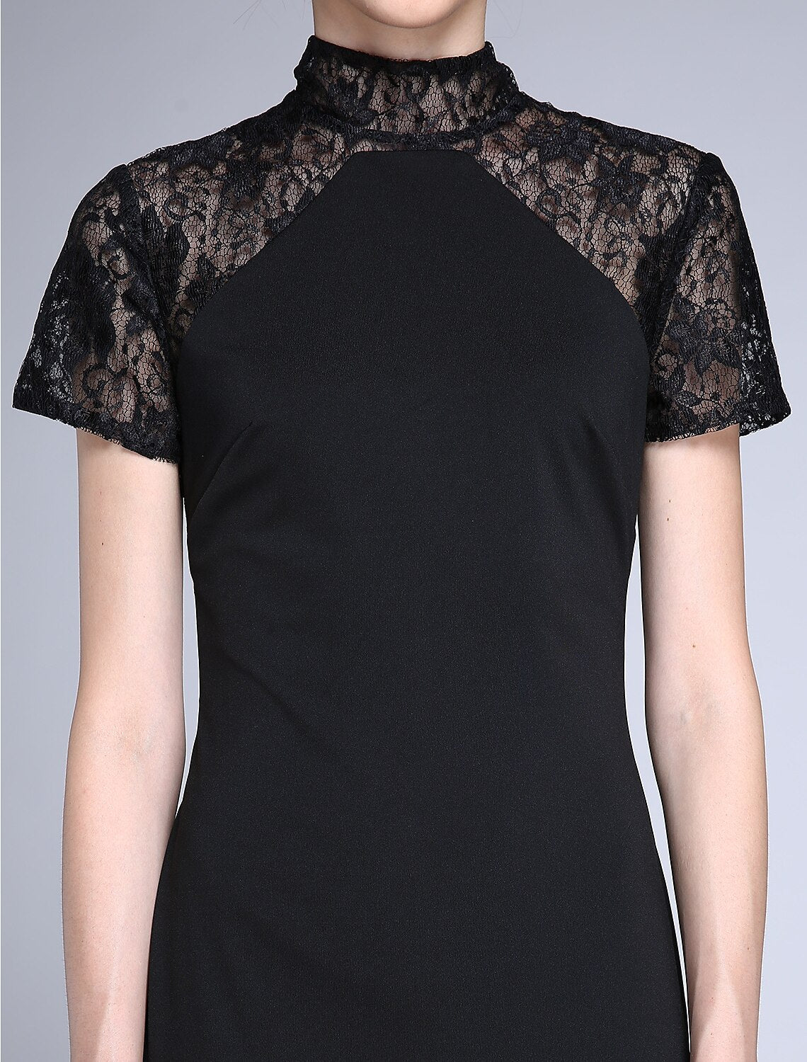 Luolandi Mermaid / Trumpet Mother of the Bride Dress Vintage Inspired High Neck Sweep / Brush Train Lace Jersey Short Sleeve