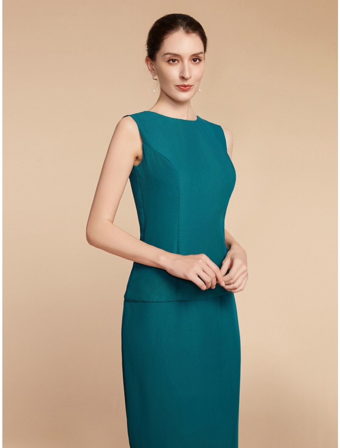 Luolandi Sheath / Column Mother of the Bride Dress Wedding Guest Elegant Simple Jewel Neck Ankle Length Chiffon Long Sleeve with Split Front Ruching