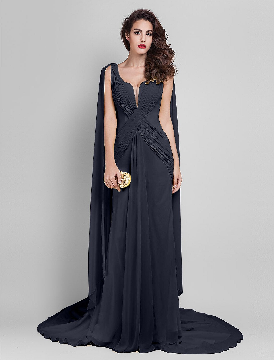 Luolandi Sheath / Column Elegant Dress Wedding Guest Court Train Sleeveless Plunging Neck Georgette V Back with Criss Cross Side