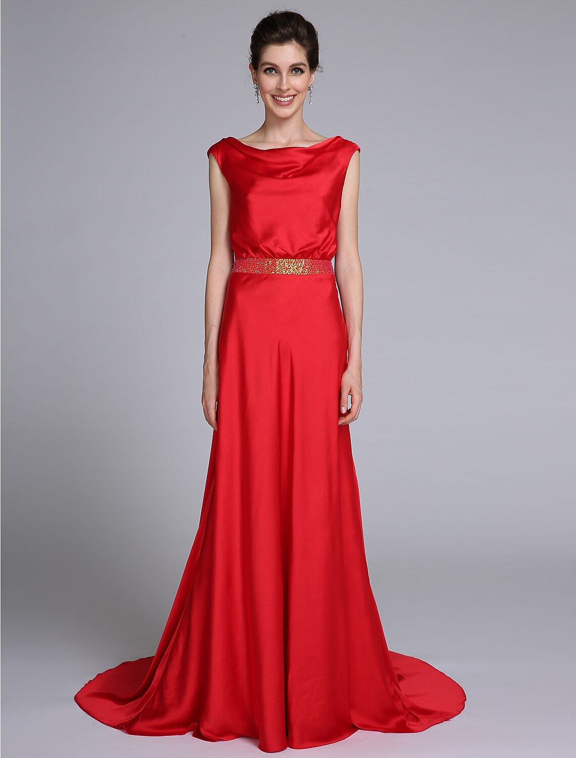 Luolandi Sheath / Column Mother of the Bride Dress Open Back Cowl Neck Court Train Taffeta Sleeveless