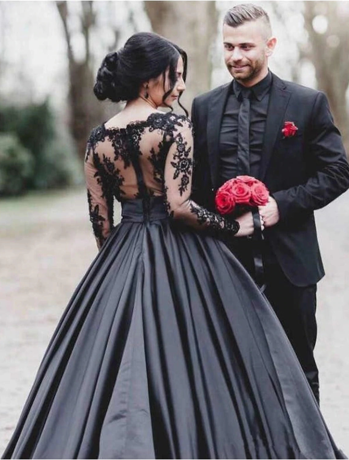 Luolandi Engagement Gothic Wedding Dresses A-Line Illusion Neck Long Sleeve Floor Length Satin Bridal Gowns With Draping