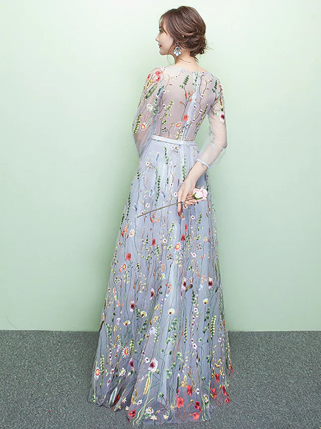 Luolandi A-Line Elegant Sparkle & Shine Formal Evening Dress Jewel Neck 3/4 Length Sleeve Floor Length Lace