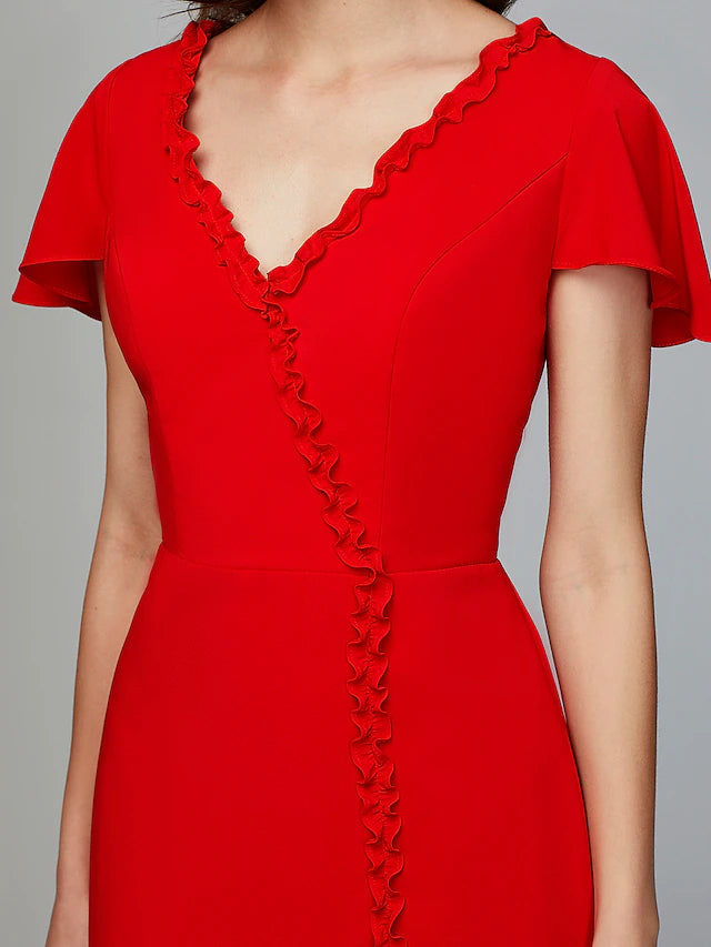 Luolandi Sheath / Column Bridesmaid Dress V Neck Short Sleeve Open Back Floor Length Chiffon with Split