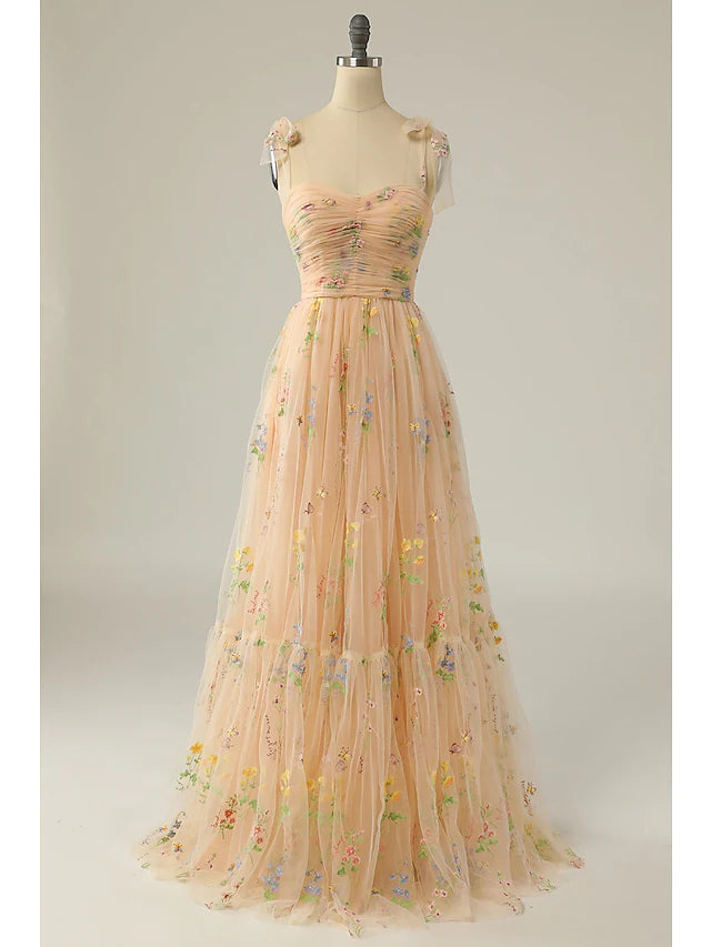 Luolandi Prom Dresses Floral Dress Formal Floor Length Sleeveless Sweetheart Lace Backless