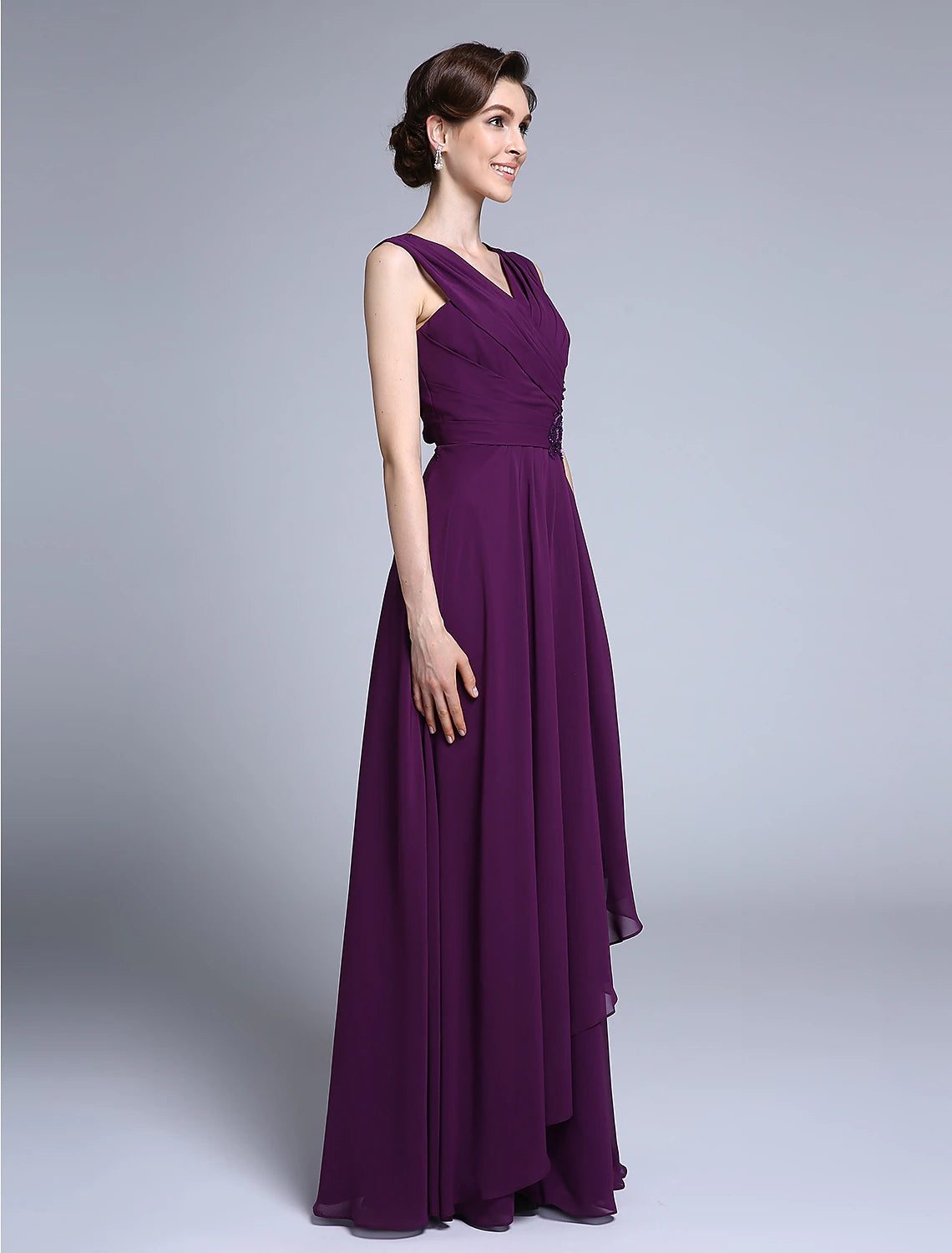 Luolandi Sheath / Column Mother of the Bride Dress Elegant V Neck Floor Length Chiffon Sleeveless