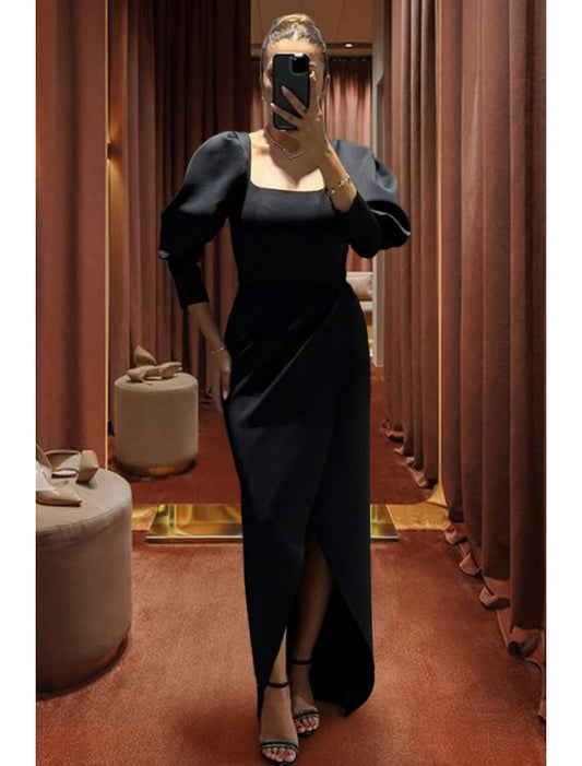 Black Dress Sheath / Column Evening Gown Elegant Dress Formal Fall Asymmetrical 3/4 Length Sleeve Square Neck Stretch Fabric