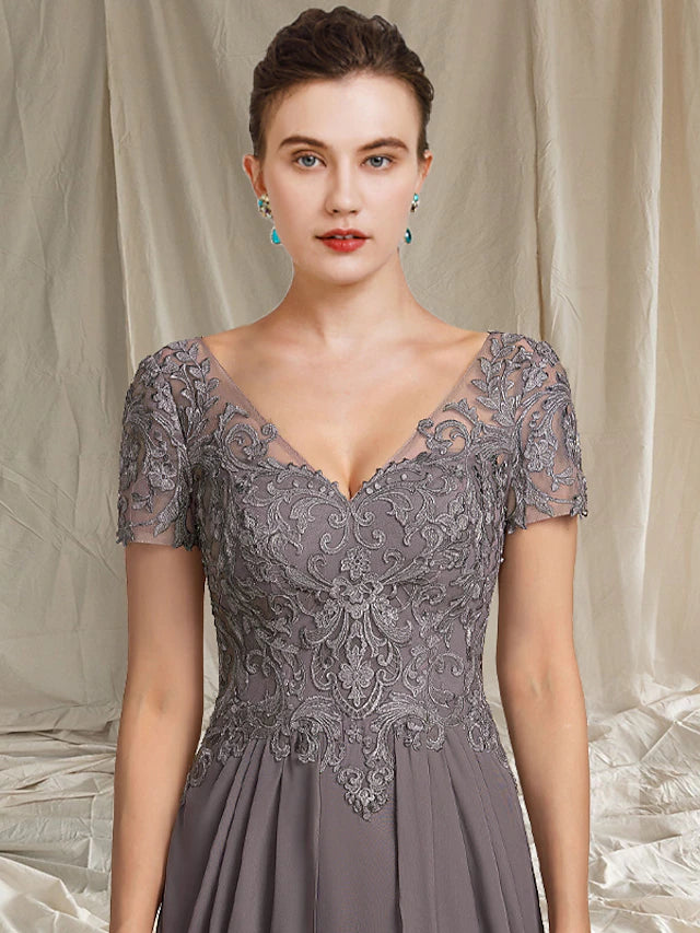 Luolandi A-Line Mother of the Bride Dress Elegant High Low V Neck Tea Length Plus Size Chiffon Lace Short Sleeve