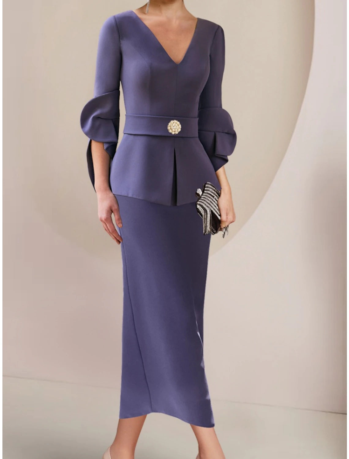 Luolandi A-Line Mother of the Bride Dress Wedding Guest Elegant V Neck Ankle Length Fabric Half Sleeve with Crystal