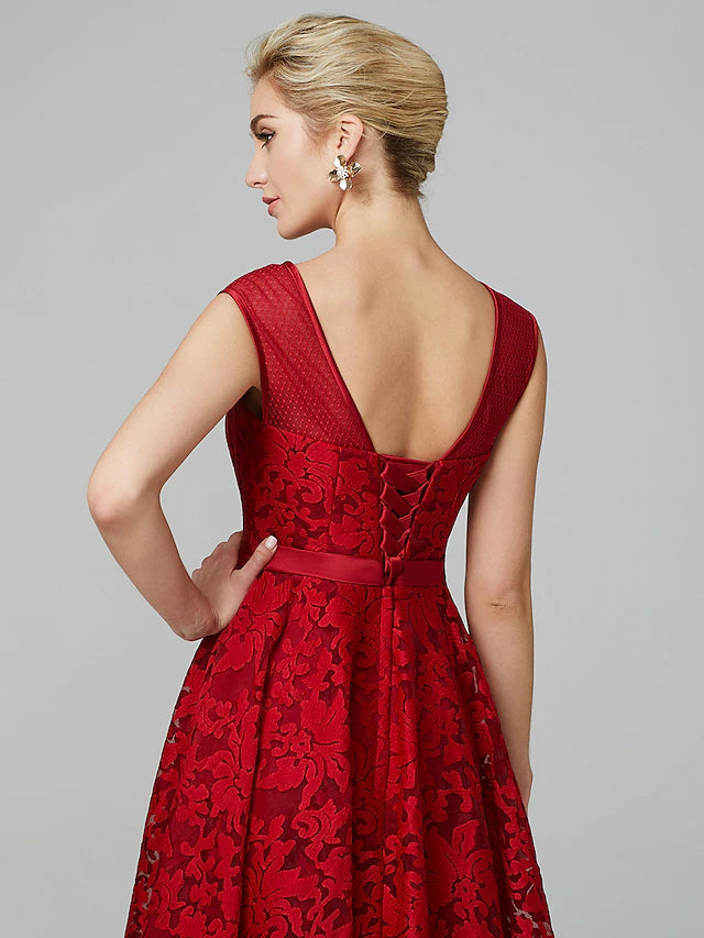 Luolandi A-Line Elegant Dress Cocktail Party Tea Length Sleeveless Illusion Neck All Over Floral Lace