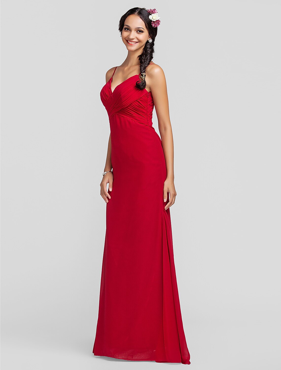 Luolandi Sheath Spaghetti Strap Floor Length Chiffon Bridesmaid Dress with Criss Cross