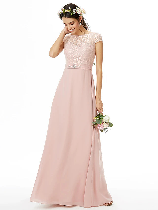 Luolandi Sheath / Column Bridesmaid Dress Bateau Neck Short Sleeve Elegant Floor Length Chiffon / Lace with Lace / Sash / Ribbon