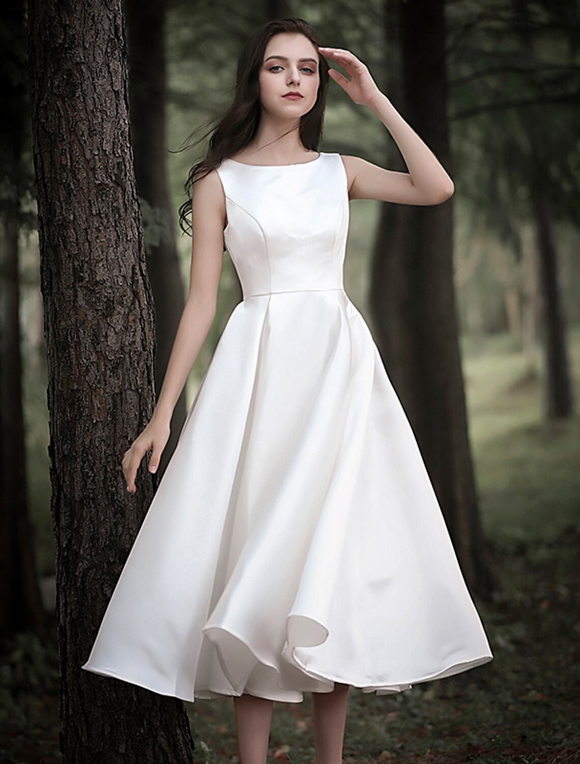 Luolandi Reception Little Dresses Wedding Dresses A-Line Scoop Neck Sleeveless Tea Length Satin Bridal Gowns