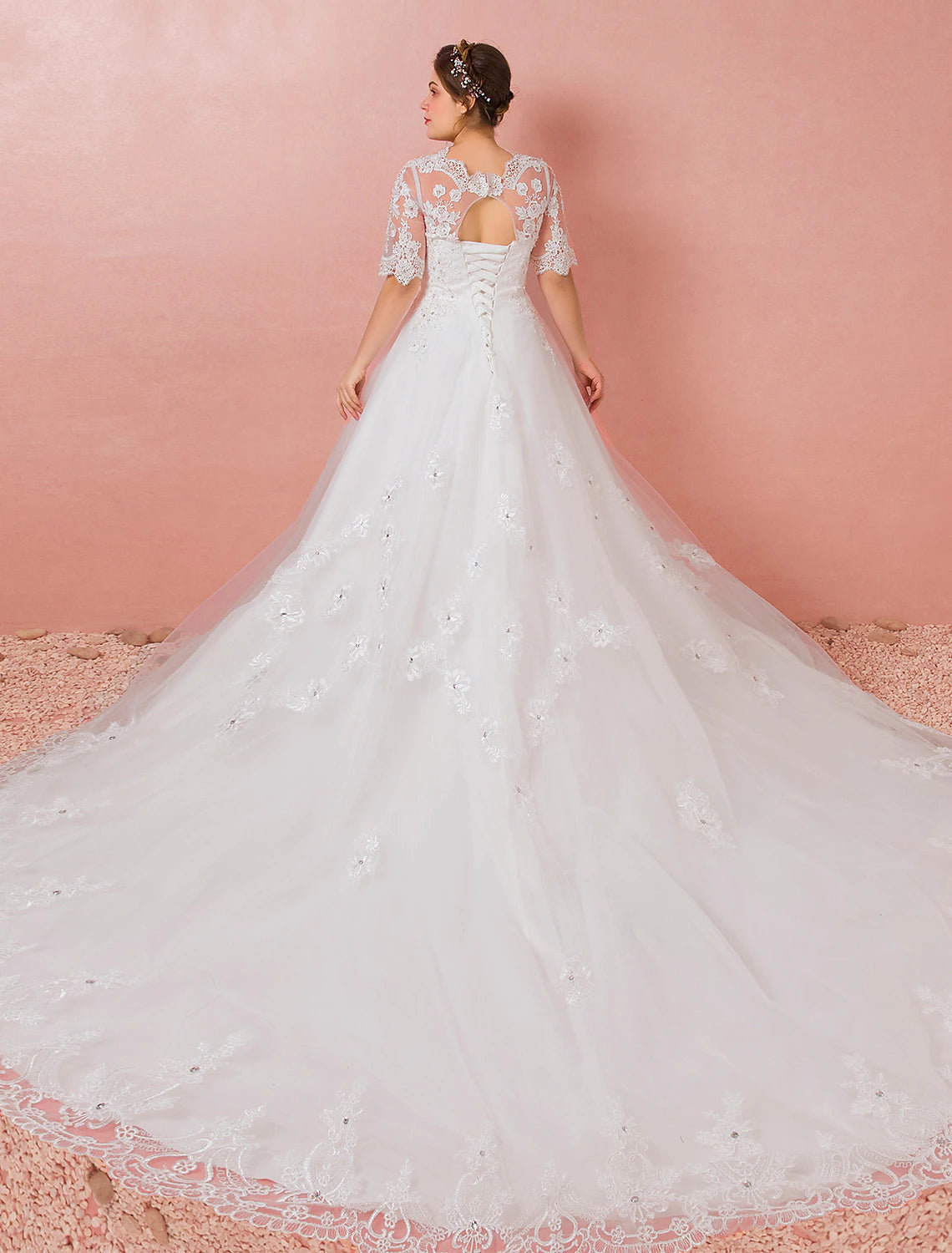 Luolandi Hall Wedding Dresses A-Line V Neck Half Sleeve Cathedral Train Satin Bridal Gowns With Lace