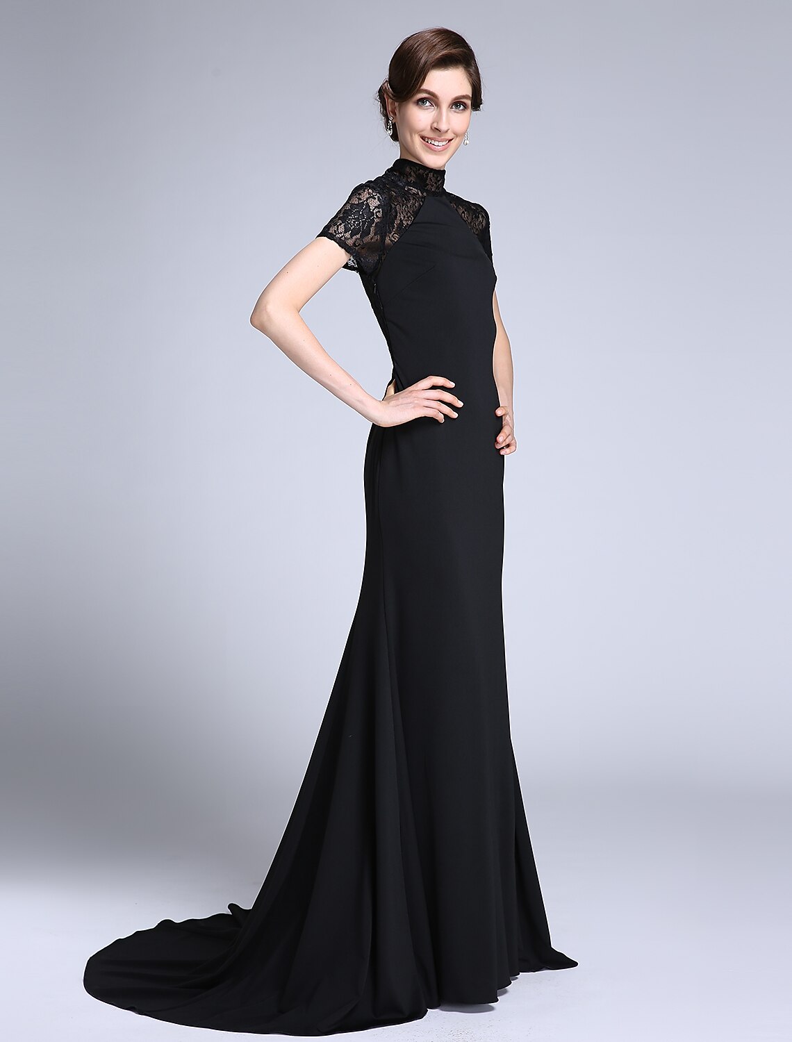 Luolandi Mermaid / Trumpet Mother of the Bride Dress Vintage Inspired High Neck Sweep / Brush Train Lace Jersey Short Sleeve