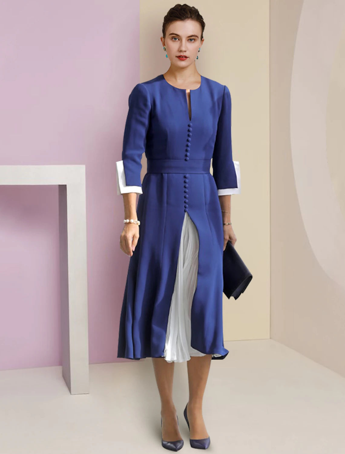 Luolandi A-Line Mother of the Bride Dress Formal Wedding Guest Elegant Scoop Neck Tea Length Chiffon 3/4 Length Sleeve with Buttons