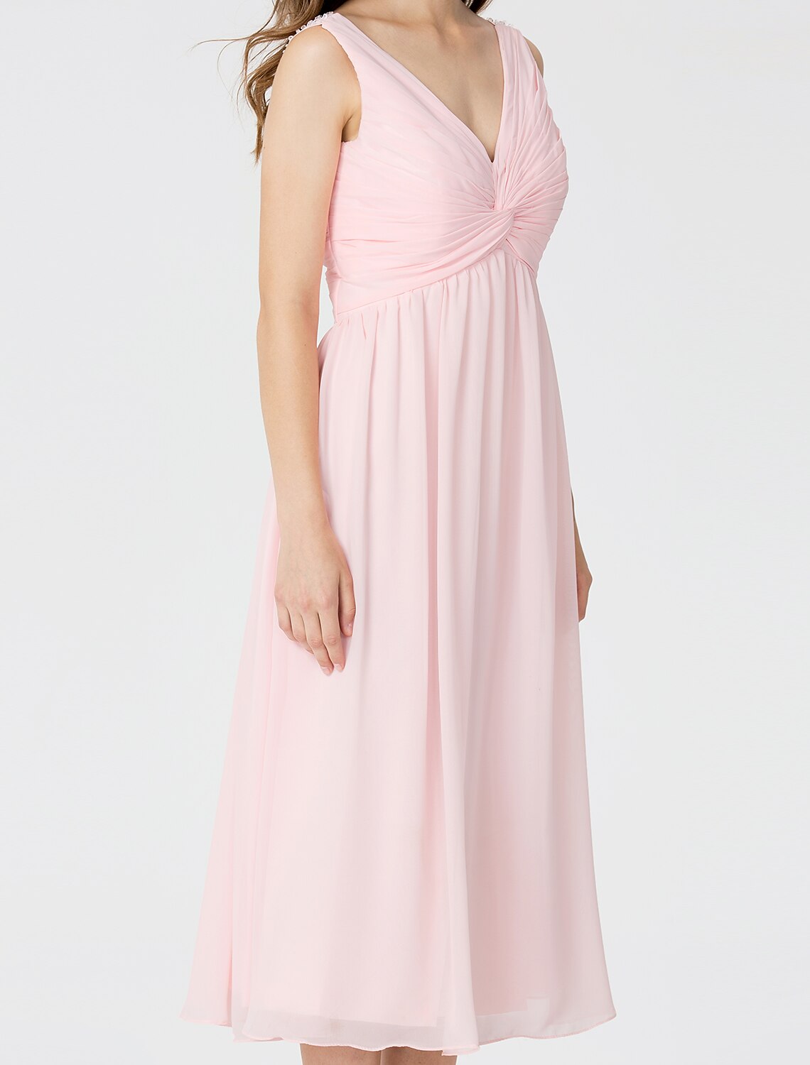 Luolandi Ball Gown / A-Line V Neck Tea Length Chiffon Bridesmaid Dress with Criss Cross