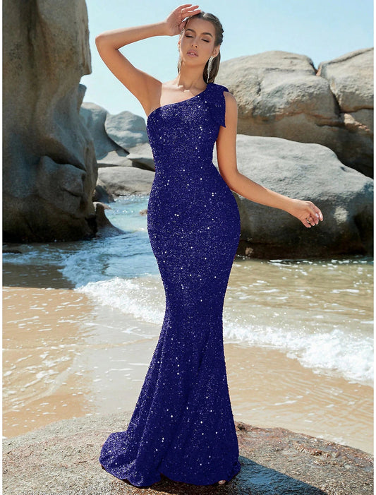 Mermaid Trumpet Evening Gown Sparkle Shine Dress Formal Fall Sweep Brush Train Sleeveless One Shoulder