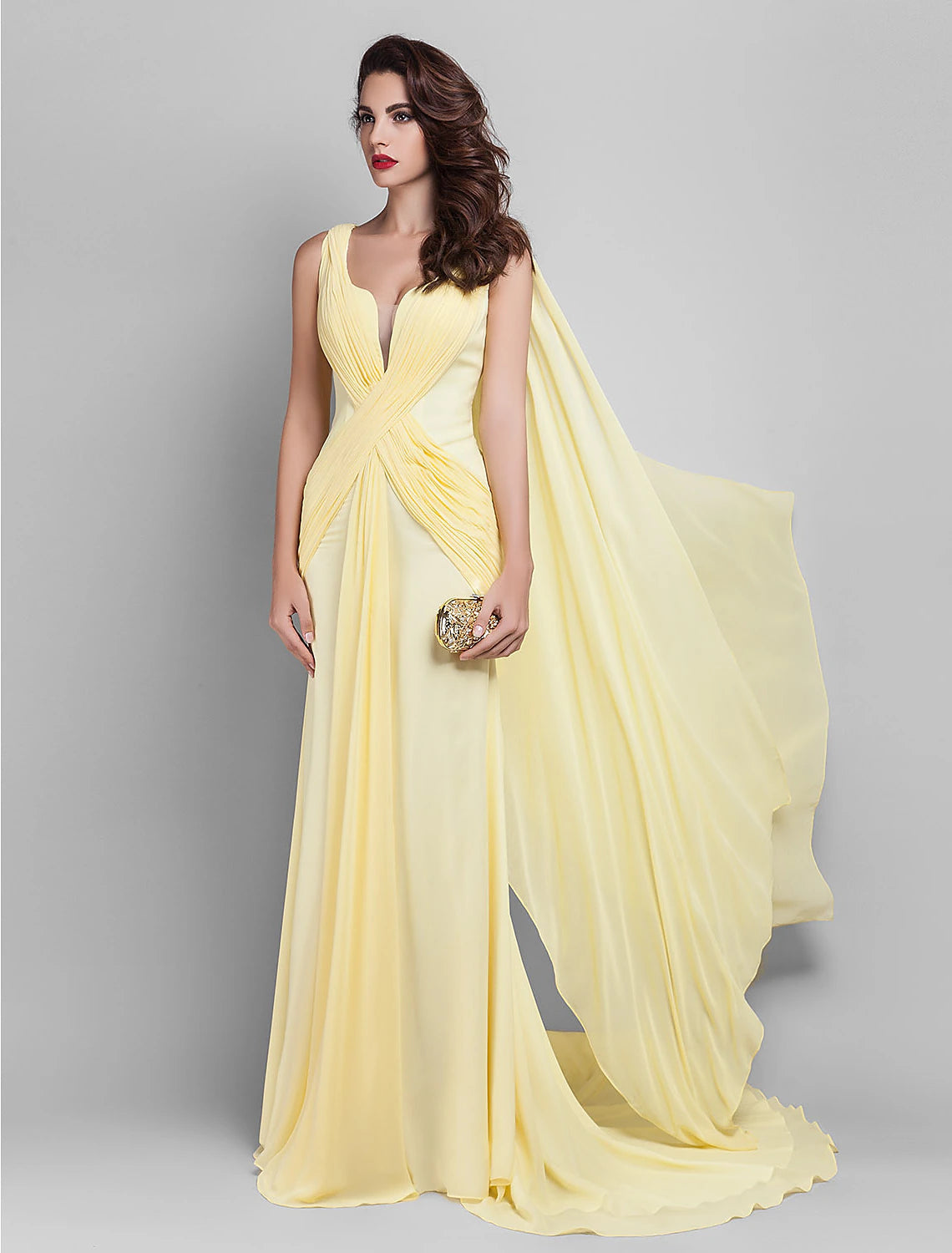 Luolandi Sheath / Column Elegant Dress Wedding Guest Court Train Sleeveless Plunging Neck Georgette V Back with Criss Cross Side