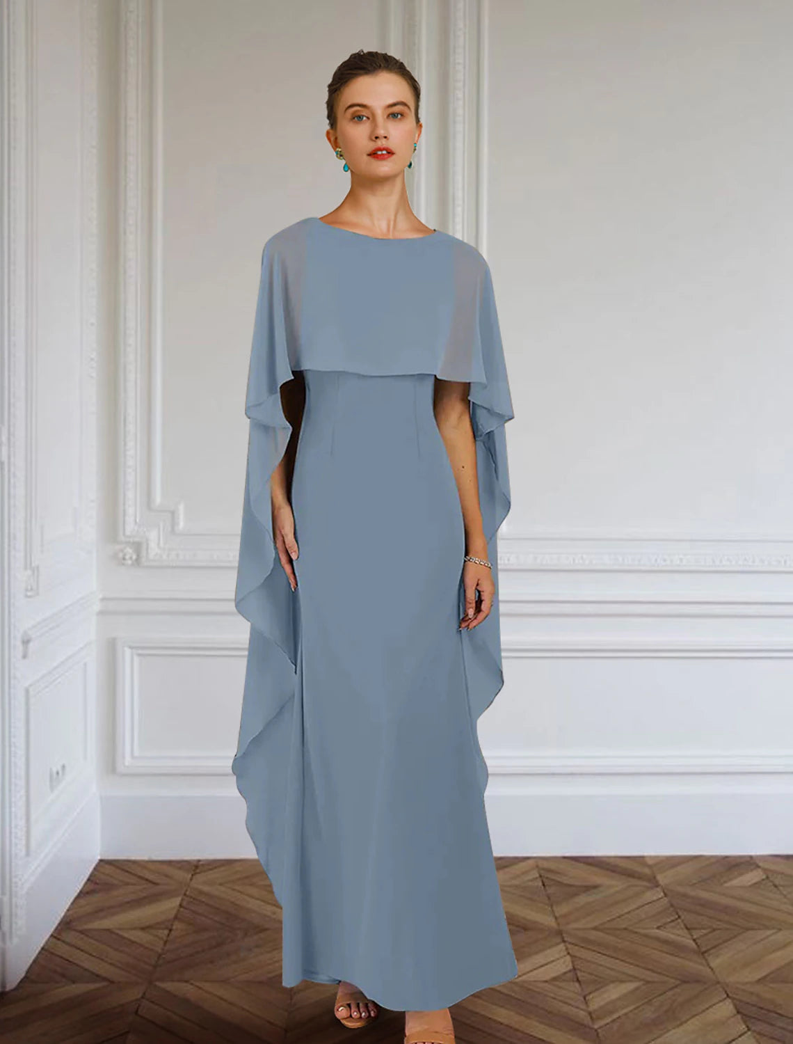 Luolandi Sheath / Column Mother of the Bride Dress Formal Wedding Guest Elegant Simple Jewel Neck Floor Length Chiffon Sleeveless with Side Draping