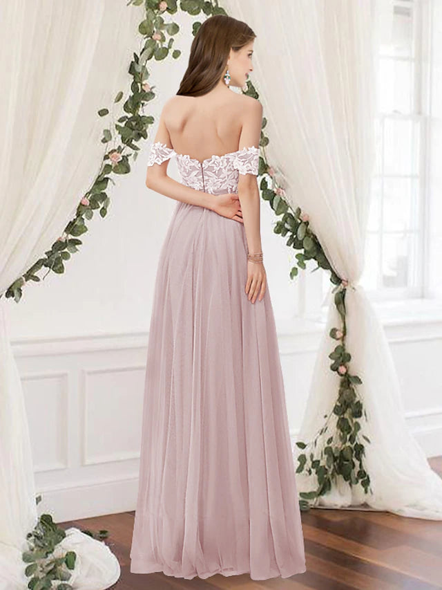 Luolandi A-Line Bridesmaid Dress Off Shoulder Sleeveless Elegant Floor Length Chiffon / Lace with Pleats