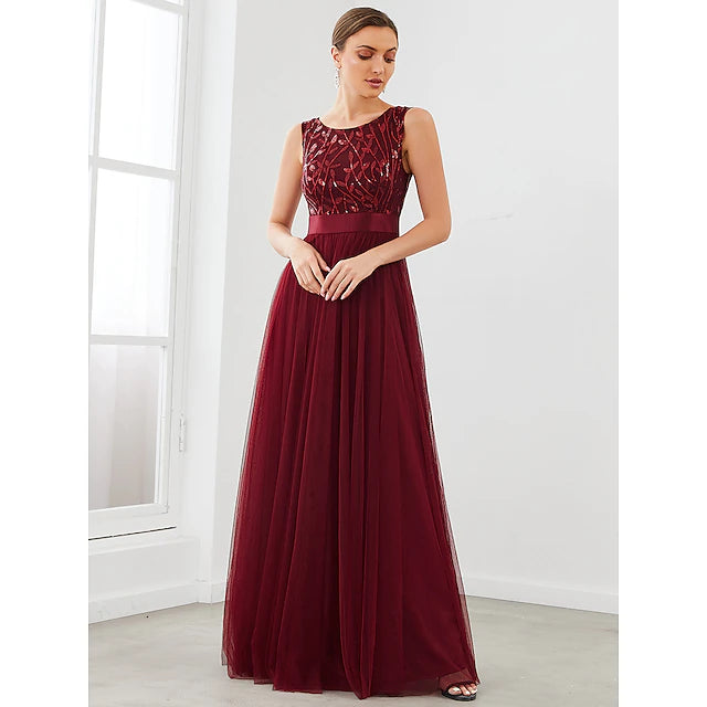 Luolandi A-Line Bridesmaid Dress Jewel Neck Sleeveless Sparkle & Shine Floor Length Tulle