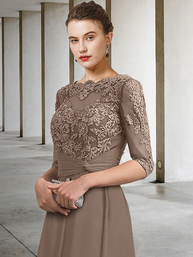 Luolandi A-Line Mother of the Bride Dress Plus Size Elegant Jewel Neck Ankle Length Chiffon Lace Half Sleeve with Ruched Beading