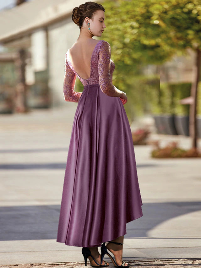 Luolandi A-Line Mother of the Bride Dress Formal Wedding Guest Elegant High Low Scoop Neck Tea Length Satin Lace 3/4 Length Sleeve with Pleats