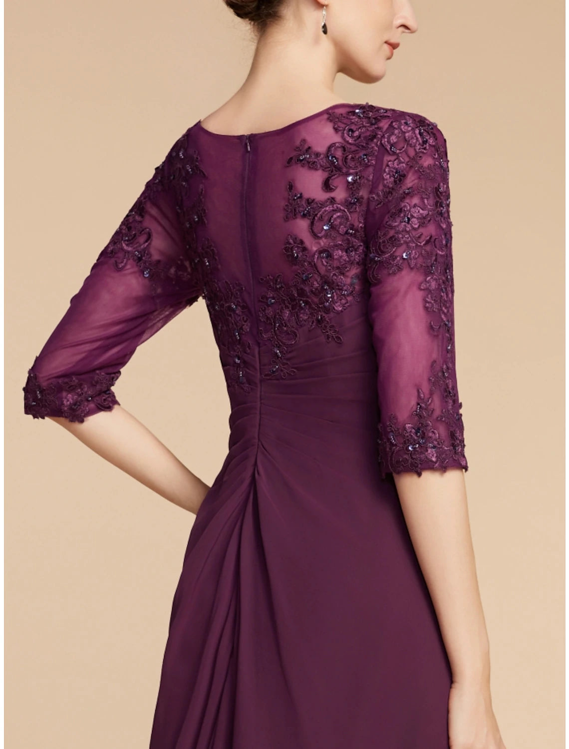 Luolandi Sheath / Column Mother of the Bride Dress Wedding Guest Elegant Scoop Neck Floor Length Chiffon Lace Half Sleeve with Pleats