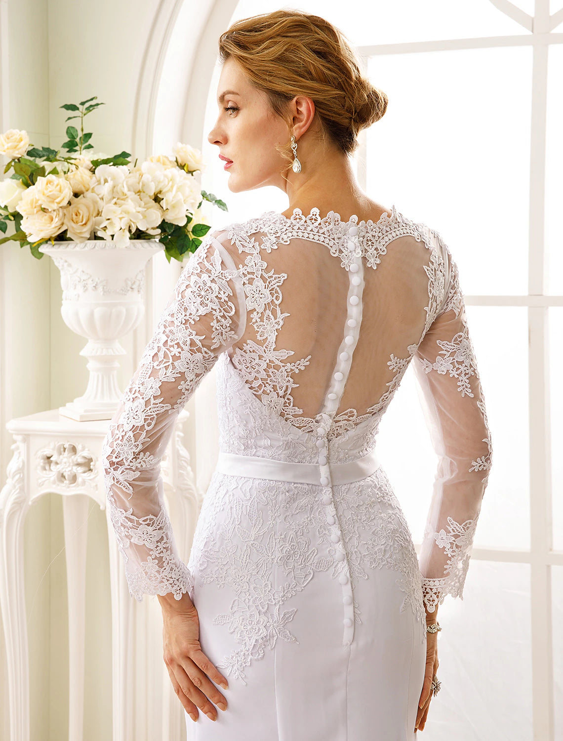 Luolandi Engagement Open Back Formal Wedding Dresses Mermaid / Trumpet Illusion Neck Long Sleeve Court Train Chiffon Bridal Gowns With Sash