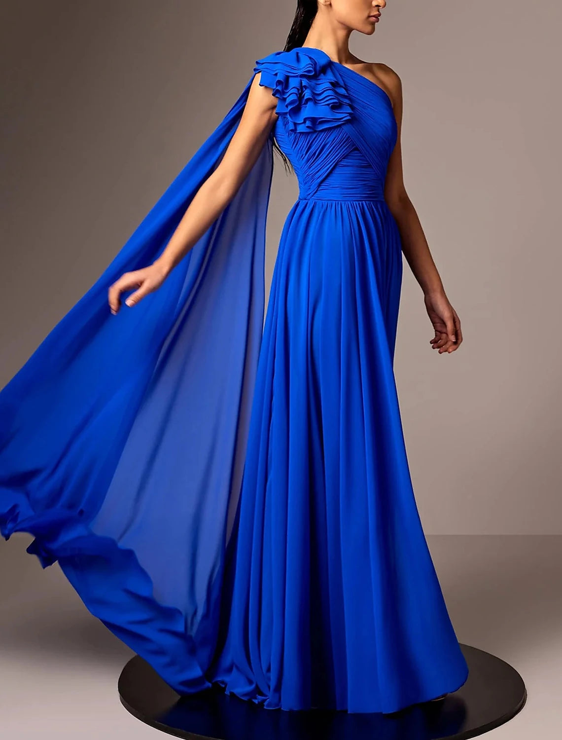 Luolandi A-Line Evening Gown Elegant Dress Formal Floor Length Sleeveless One Shoulder Chiffon with Pleats Shouder Flower