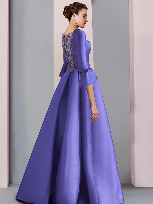 Luolandi A-Line Mother of the Bride Dress Formal Party Elegant Scoop Neck Floor Length Satin 3/4 Length Sleeve