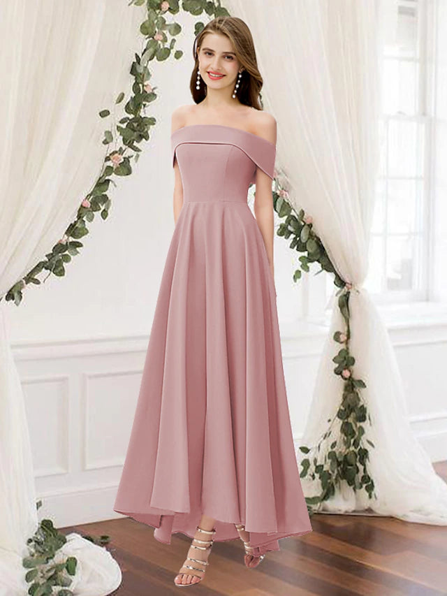 Luolandi A-Line Bridesmaid Dress Off Shoulder Sleeveless Elegant Floor Length Chiffon Pure Color