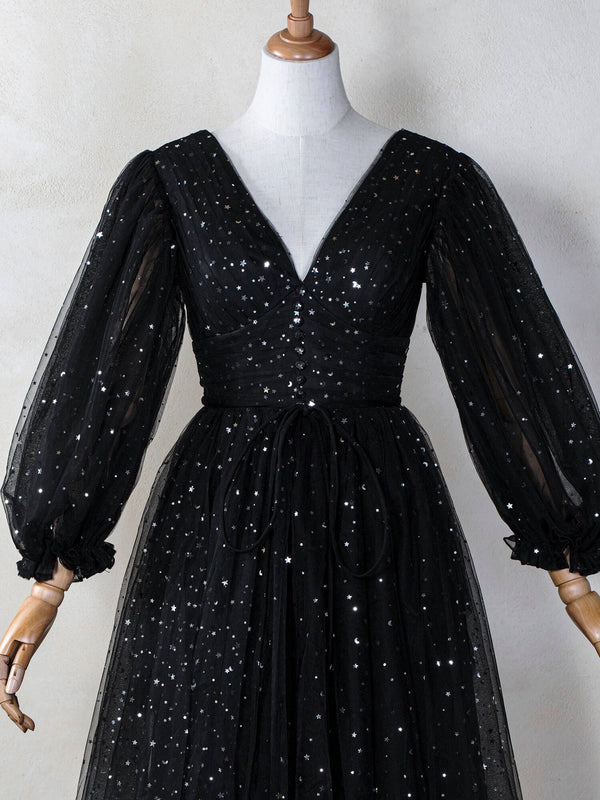 Luolandi Starry Night V-Neck A Line Long Sleeve Sparkly Evening Dress Sexy