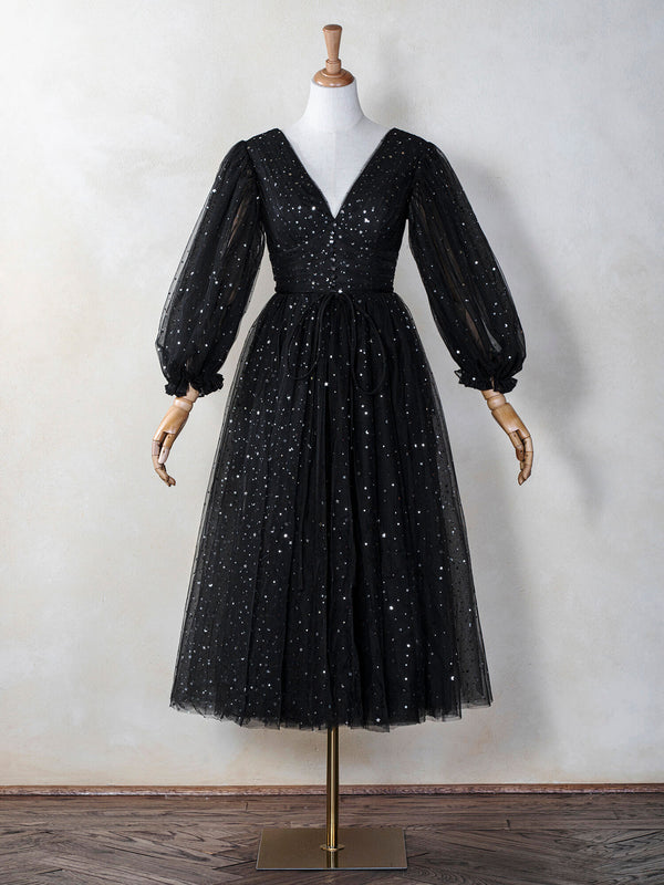 Luolandi Starry Night V-Neck A Line Long Sleeve Sparkly Evening Dress Sexy