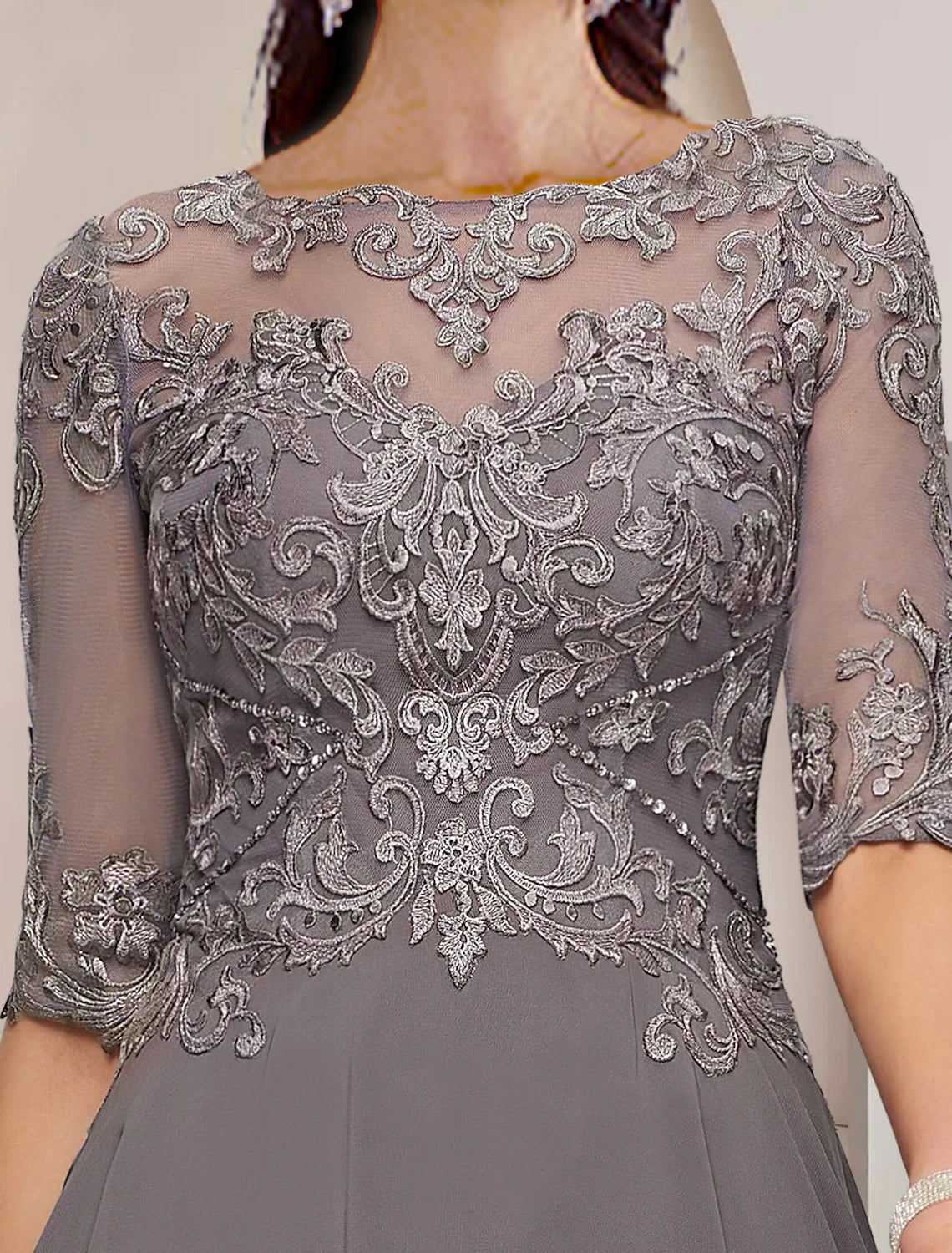 Luolandi A-Line Mother of the Bride Dress Formal Wedding Guest Elegant High Low Scoop Neck Asymmetrical Tea Length Chiffon Lace Half Sleeve with Pleats