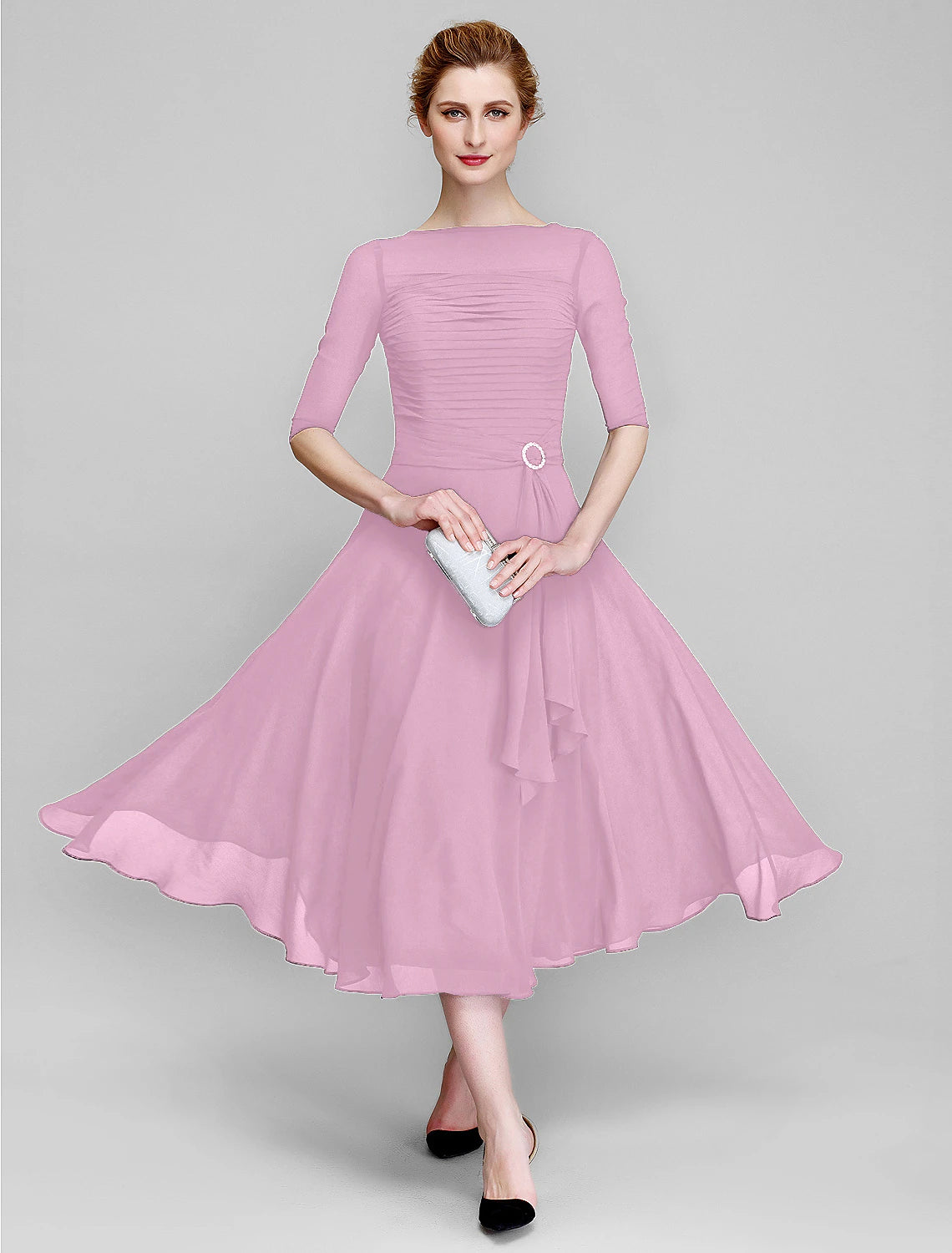 Luolandi A-Line Mother of the Bride Dress Fall Wedding Guest Dresses Plus Size Elegant Bateau Neck Tea Length Chiffon Half Sleeve