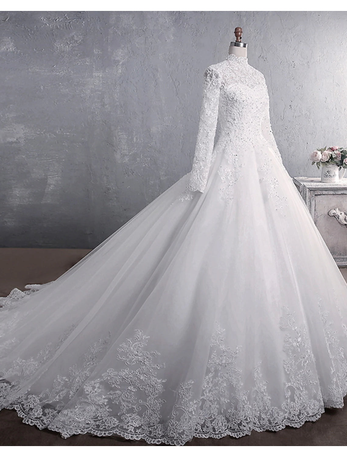 Luolandi Engagement Formal Wedding Dresses Ball Gown High Neck Long Sleeve Court Train Lace Bridal Gowns